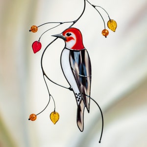 Woodpecker stained glass window hangings Godfather gift Custom stained glass bird suncatcher