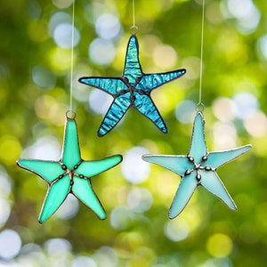 Starfish Stained Glass Window Hangings Beach Decor Coastal Stained Glass Ocean Suncatcher Gift For Mom or tree ornament. With Gift Box!