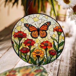 Monarch butterfly and orange wildflowers round stained glass suncatcher gift for nature lover