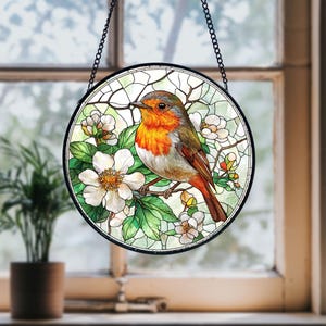 Robin Bird Stained Glass Suncatcher: Window Hanging Decor