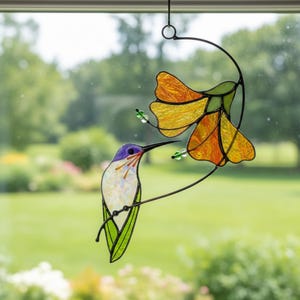 Hummingbird with Hibiscus Flower | Stained Glass Hummingbird Suncatcher: Garden Window Art