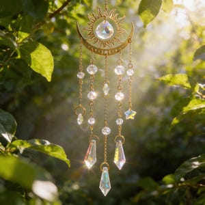 Celestial Sun & Moon Crystal Suncatcher, Hanging Prism Window Decor, Boho Light Catcher