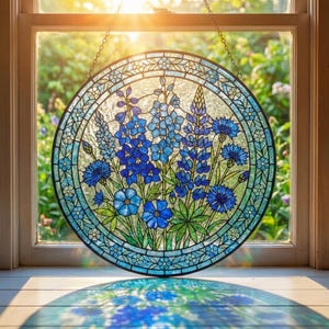 Blue Wildflower Stained Glass Suncatcher - Botanical Glass Window Hanging - Spring Garden Gift for Mom