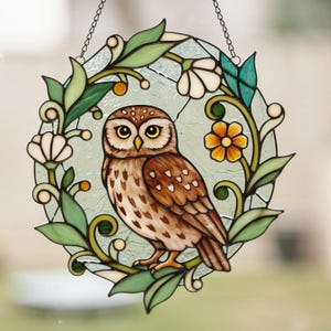 Handmade Floral Owl Stained Glass Suncatcher – Owl Window Hanging, Nature Inspired Home Decor, Gift for Owl Lovers